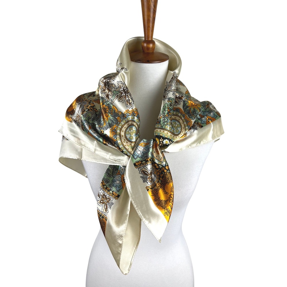 Ivory Gold Paisley Floral Satin Scarf Square Retro Boho Lightweight Fall Colors